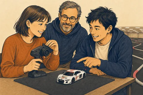 Illustratie van hobbyisten met een Mini-Z Audi R8 en Kyosho-zender naast een indoorcircuit