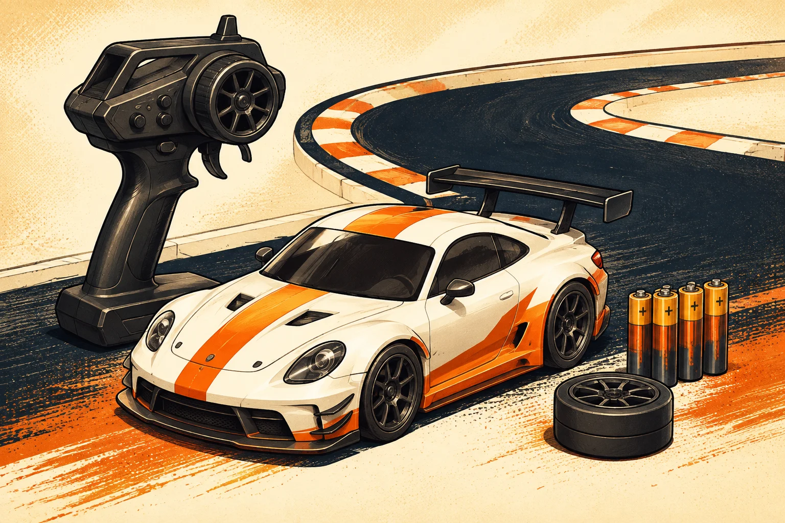 Illustratie van een witte Mini-Z raceauto met oranje accenten, een pistoolzender, vier batterijen en een reservewiel
