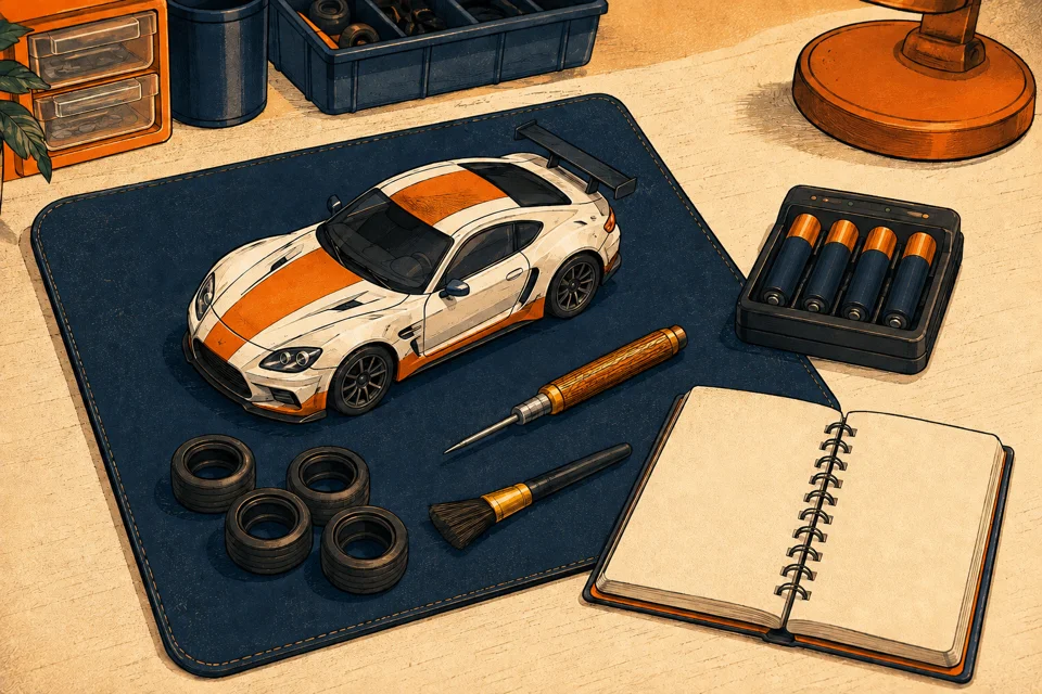 Illustratie van een verzorgde Mini-Z werkplek met auto, banden, gereedschap en een AAA-lader