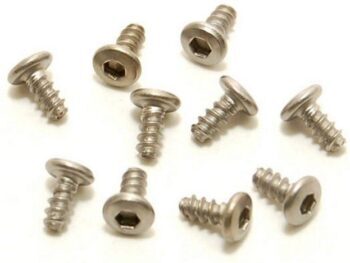 De afbeelding toont tien zilverkleurige schroeven met een button head en een zeskantige inkeping. De schroeven hebben een taps toelopende schroefdraad.