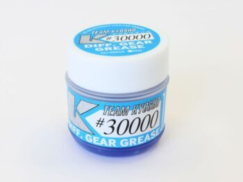 Een klein, rond potje met een witte dop en een blauw etiket. Op het etiket staat 'TEAM KYOSHO #30000 DIFF. GEAR GREASE' in witte letters.