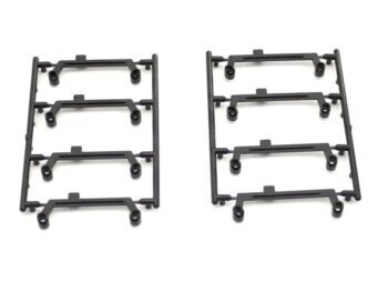 De afbeelding toont twee identieke zwarte plastic frames met elk vier stuurstangen, die deel uitmaken van een modelbouwkit. De stuurstangen zijn klein en gedetailleerd.