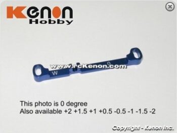 Op de foto is een blauwe, metalen stuurstang te zien met aan beide uiteinden een oog. In het midden staat 'W' en '0' gegraveerd, en de tekst 'www.rckenon.com' is eroverheen geplaatst.