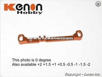 De foto toont een oranjekleurige, metalen stuurstang met een langwerpige vorm en twee bevestigingspunten aan de uiteinden. In het midden zijn er drie uitstekende ribbels en de tekst 'W' en 'www.rcKenon.com' is zichtbaar.
