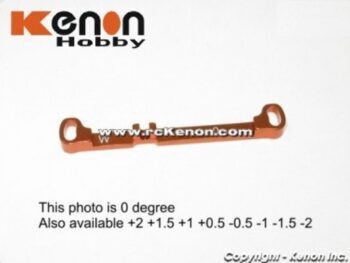 De afbeelding toont een oranje, metalen stuurstang met twee gaten aan de uiteinden en een 'W' in het midden. Er staat ook 'www.rckenon.com' op de stang en 'Kenon Hobby' in de linkerbovenhoek.