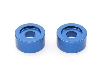 Twee cilindervormige, blauwe metalen ringen met een gat in het midden. Ze lijken te zijn gemaakt van geanodiseerd aluminium.