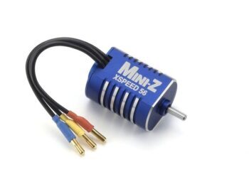 De afbeelding toont een blauwe borstelloze motor met zilveren koelribben. Er komen drie gekleurde draden (rood, geel, blauw) uit de motor, elk met een gouden connector.
