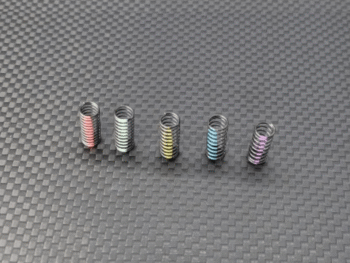 De afbeelding toont vijf kleine, metalen spiraalveren op een donkergrijze, geruite ondergrond. Elke veer heeft een gekleurde markering aan de binnenkant: rood, groen, geel, blauw en paars.