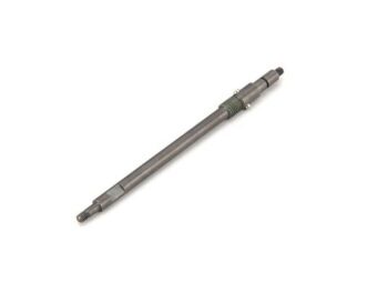 Op de foto is een lange, slanke metalen as te zien met schroefdraad aan beide uiteinden en een veer in het midden. Het product heeft een donkergrijze kleur en een metallic glans.