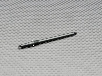 The photograph shows an elongated, cylindrical metal component, likely a shaft, with threads at both ends and a ribbed section in the middle. The product is dark grey, almost black in colour.