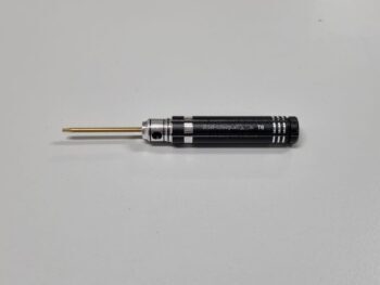 De afbeelding toont een zwarte schroevendraaier met een metalen punt. De schroevendraaier heeft zilverkleurige accenten en de tekst 'T6' is zichtbaar op de behuizing.
