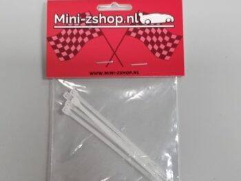 De foto toont een verpakking met vijf witte kabelbinders. De verpakking heeft een rode bovenkant met het logo 'Mini-zshop.nl' en twee geruite vlaggen.