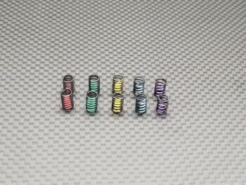 De foto toont tien kleine metalen veren in verschillende kleuren, waaronder rood, groen, geel, blauw en paars, gerangschikt op een grijze ondergrond met een ruitpatroon.