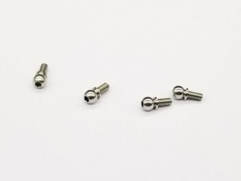 Op de foto zijn vier zilverkleurige, metalen kogelgewrichtkoppen te zien, elk met een schroefdraad aan één uiteinde en een bolvormig uiteinde met een zeskantige opening aan de andere kant. Ze liggen verspreid over een witte achtergrond.