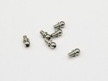 Op de foto zijn zes kleine, zilverkleurige metalen kogelscharnierkoppen te zien. Ze hebben een schroefdraad aan één uiteinde en een bolvormig uiteinde aan de andere kant, met een zeskantige opening aan de onderkant van de bol.