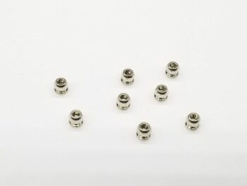 De afbeelding toont acht zilverkleurige, metalen kogelscharnieren verspreid over een witte achtergrond. Ze zijn cilindervormig met een afgeronde bovenkant en een zeskantige opening in het midden.