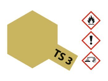 De afbeelding toont een geelkleurige, zeshoekige vorm met de tekst 'TS 3' erop. Rechts van de vorm staan drie gevaarsymbolen.