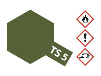 De afbeelding toont een zeshoekig vlak in een olijfgroene kleur met daarop de witte tekst 'TS 5'. Rechts hiervan staan drie waarschuwingssymbolen: brandgevaar, algemeen gevaar en corrosief.