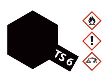 De afbeelding toont een zwarte zeshoek met de tekst 'TS 6' in wit. Rechts daarvan staan drie waarschuwingssymbolen: een vlam, een uitroepteken en een symbool voor corrosie.