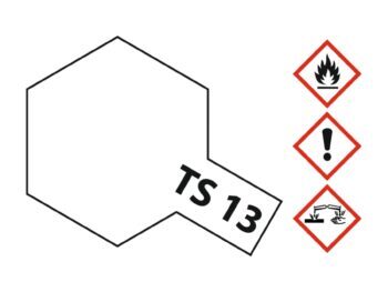 De afbeelding toont een witte verfbus van Tamiya. De verfbus heeft een zeshoekige vorm met de tekst 'TS 13' erop.