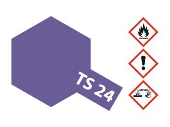De afbeelding toont een paarse zeshoek met de tekst 'TS 24' in wit. Rechts daarvan staan drie gevaarsymbolen: een vlam, een uitroepteken en een symbool voor corrosie.