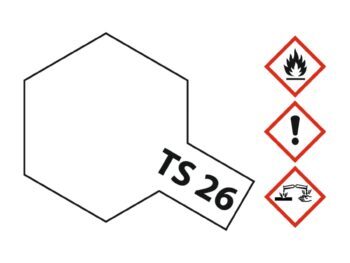 De afbeelding toont een wit zeshoekig vlak met de tekst 'TS 26' eronder. Rechts zijn drie gevaarsymbolen te zien: een vlam, een uitroepteken en een symbool voor corrosie.