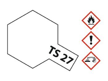 De afbeelding toont een wit zeshoekig vlak met de tekst 'TS 27' erin. Rechts daarvan staan drie waarschuwingssymbolen: een vlam, een uitroepteken en een symbool voor corrosie.