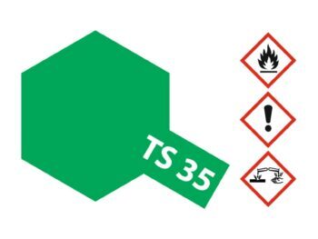 De afbeelding toont een groen zeshoekig vlak met de tekst 'TS 35' in witte letters. Rechtsboven staan drie waarschuwingssymbolen: een vlam, een uitroepteken en een symbool voor corrosie.