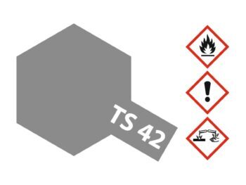 De afbeelding toont een grijs zeshoekig vlak met de tekst 'TS 42' erop. Rechts staan drie waarschuwingssymbolen: een vlam, een uitroepteken en een symbool voor corrosie.