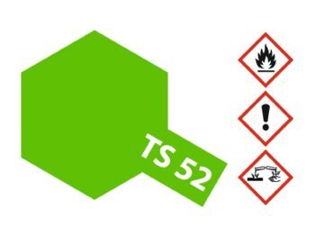 De afbeelding toont een heldergroene zeshoek met een schuin groen vlak met de tekst 'TS 52'. Rechts daarvan staan drie rode gevarensymbolen op een witte achtergrond.