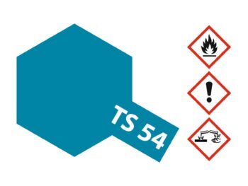 De afbeelding toont een blauwgroene zeshoek met een schuin geplaatst label 'TS 54' in witte letters. Rechts staan drie gevaarsymbolen: een vlam, een uitroepteken en een symbool voor corrosie.