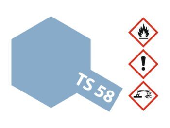 De afbeelding toont een lichtblauwe zeshoek met de tekst 'TS 58' in wit. Rechts daarvan staan drie gevaarsymbolen: een vlam, een uitroepteken en een symbool voor corrosie.