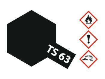 De afbeelding toont een zwart zeshoekig vlak met de tekst 'TS 63' in wit. Rechts daarvan staan drie gevaarsymbolen: een vlam, een uitroepteken en een symbool voor corrosie, allemaal in rode ruiten.