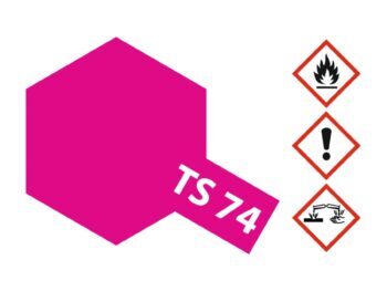 De afbeelding toont een magenta zeshoek met de tekst 'TS 74' in wit. Rechts daarvan staan drie gevaarsymbolen: een vlam, een uitroepteken en een symbool voor corrosie.