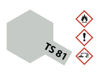 De afbeelding toont een lichtgrijze zeshoek met de tekst 'TS 81' erop. Rechts staan drie gevarensymbolen: een vlam, een uitroepteken en een symbool voor corrosie.