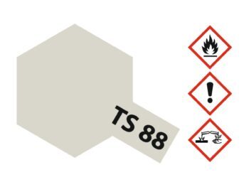 De afbeelding toont een zeshoekig vlak in een lichte, zilverachtige kleur met een label 'TS 88'. Daarnaast staan drie gevaarsymbolen: brandgevaar, algemeen gevaar en corrosiegevaar.