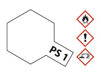 De afbeelding toont een gestileerde weergave van een spuitbus met de tekst 'PS 1'. Ernaast staan drie gevarendriehoeken met symbolen voor ontvlambaarheid, irritatie en corrosiviteit.