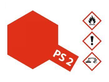 De afbeelding toont een rood hexagonaal vlak met de tekst 'PS 2' erop. Rechts staan drie gevarendriehoeken met symbolen voor ontvlambaarheid, irritatie en corrosiviteit.