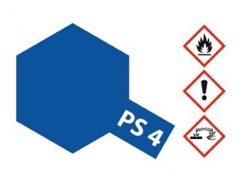 De afbeelding toont een blauw, zeshoekig vlak met de tekst 'PS 4' erop. Rechts van het vlak staan drie gevarendriehoeken met symbolen.