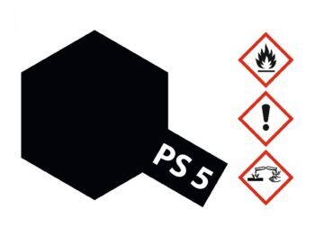 De afbeelding toont een zwart zeshoekig object met de tekst "PS 5" erop. Rechts staan drie gevarendriehoeken met symbolen.