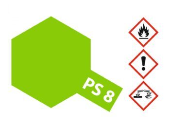 Een zeshoekige vorm in de kleur lichtgroen, met de tekst 'PS 8' erop. Rechts van de zeshoek staan drie gevarendriehoeken.