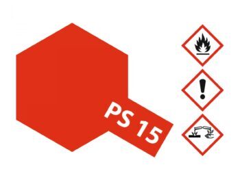 De afbeelding toont een rode zeshoek met de tekst 'PS 15' in witte letters. Er staan ook drie gevarensymbolen afgebeeld.