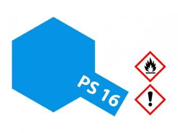 De afbeelding toont een blauw, zeshoekig vlak met de tekst 'PS 16' erop. Rechts ervan staan twee gevarendriehoeken: een met een vlam en een met een uitroepteken.
