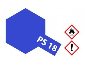 Een blauwe zeshoekige vorm met de tekst "PS 18" erop. Naast de vorm staan twee gevarendriehoeken met symbolen voor ontvlambaarheid en een uitroepteken.