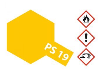 Een geel vlak in de vorm van een zeshoek met de tekst "PS 19" erop. Rechts staan drie gevarendriehoeken.