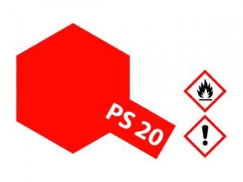 Een rode zeshoekige vorm met de tekst 'PS 20' erop. Naast de vorm staan twee gevarensymbolen: een vlam en een uitroepteken.