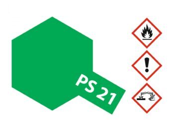 Een zeshoekige vorm in de kleur groen, met de tekst 'PS 21' erop. Naast de vorm staan drie gevarensymbolen.