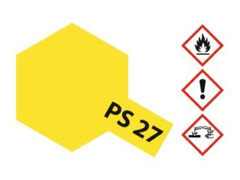 De afbeelding toont een geel, zeshoekig vlak met de tekst "PS 27" erop. Rechts van het vlak staan drie gevarendriehoeken met symbolen voor ontvlambaarheid, irritatie en corrosiviteit.