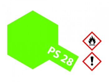 Een zeshoekige vorm in een felle, fluorescerende groene kleur. Op de vorm staat de tekst 'PS 28' in witte letters. Rechts van de vorm staan twee gevarendriehoeken.