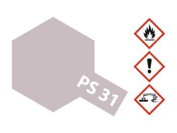 De afbeelding toont een zeshoekige kleurstaal in een lichte grijstint. Naast de kleurstaal staan drie gevarendriehoeken met symbolen voor ontvlambaarheid, irritatie en corrosiviteit.
